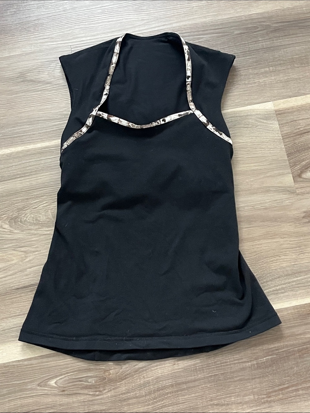 Lululemon Black Sleeveless Halter Tank Top with camouflage lining built in bra